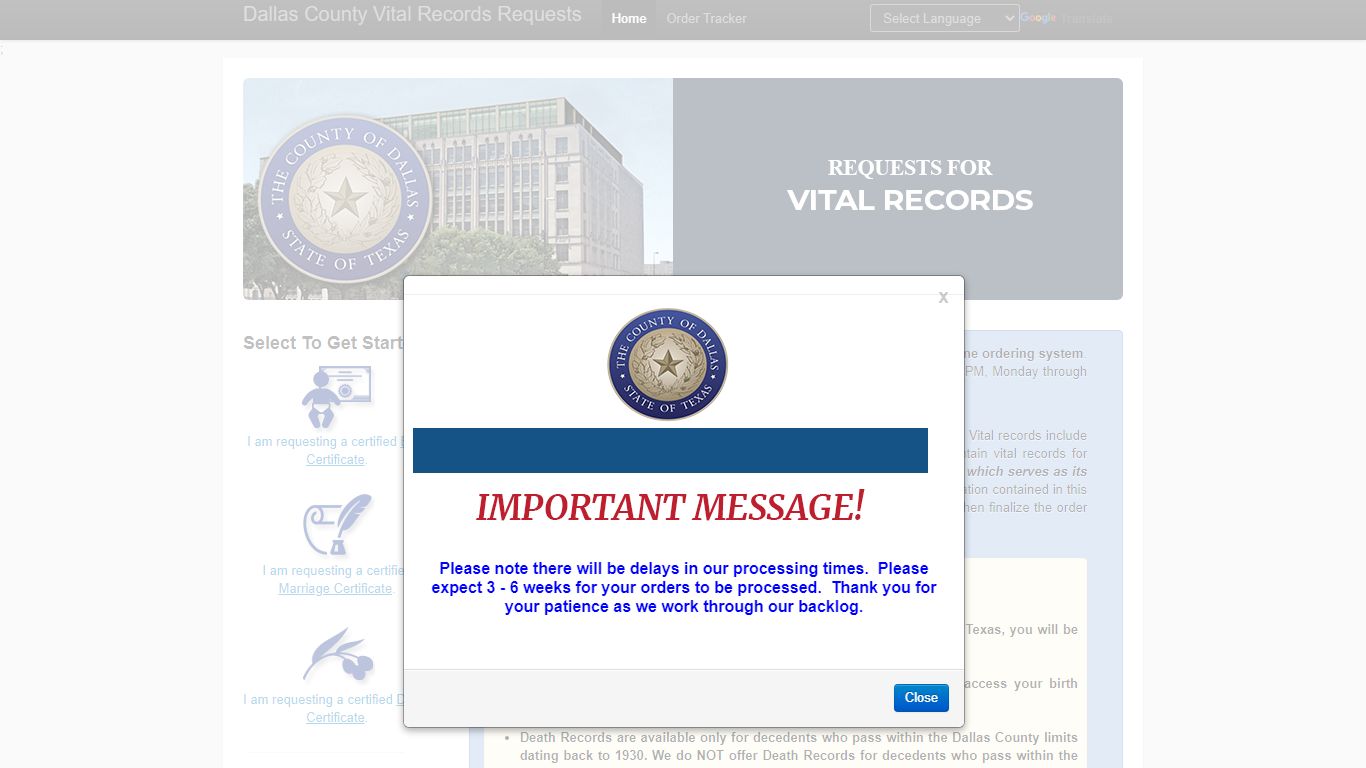 Dallas County, TX Online Birth, Death, and Marriage Records Requests